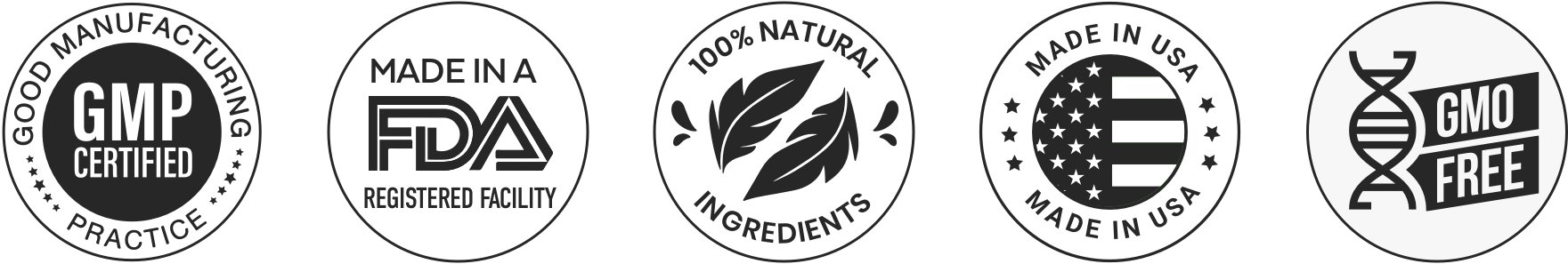 GMP Certified · FDA Registered Facility · 100% Natural Ingredients · Made in USA · GMO Free